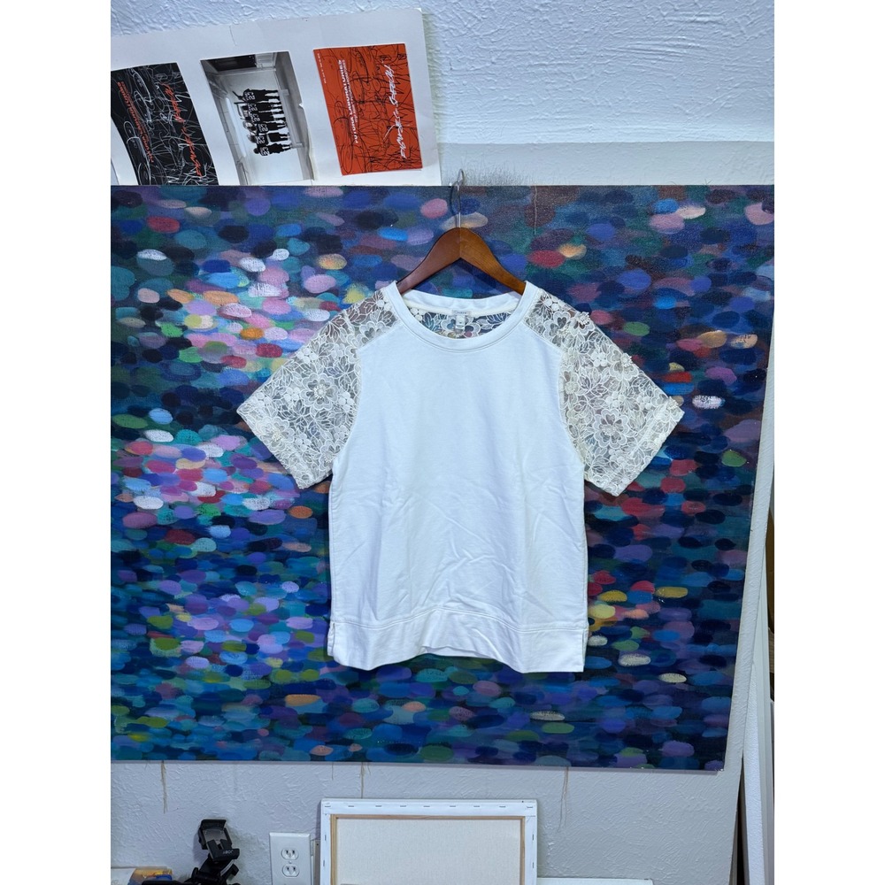J.Crew White Floral Lace Sleeve Sweatshirt Top Size M A3775
